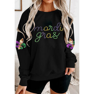 Beaded Mardi Gras Sweatshirt with Sequin Fleur-de-Lis Patch Sleeves